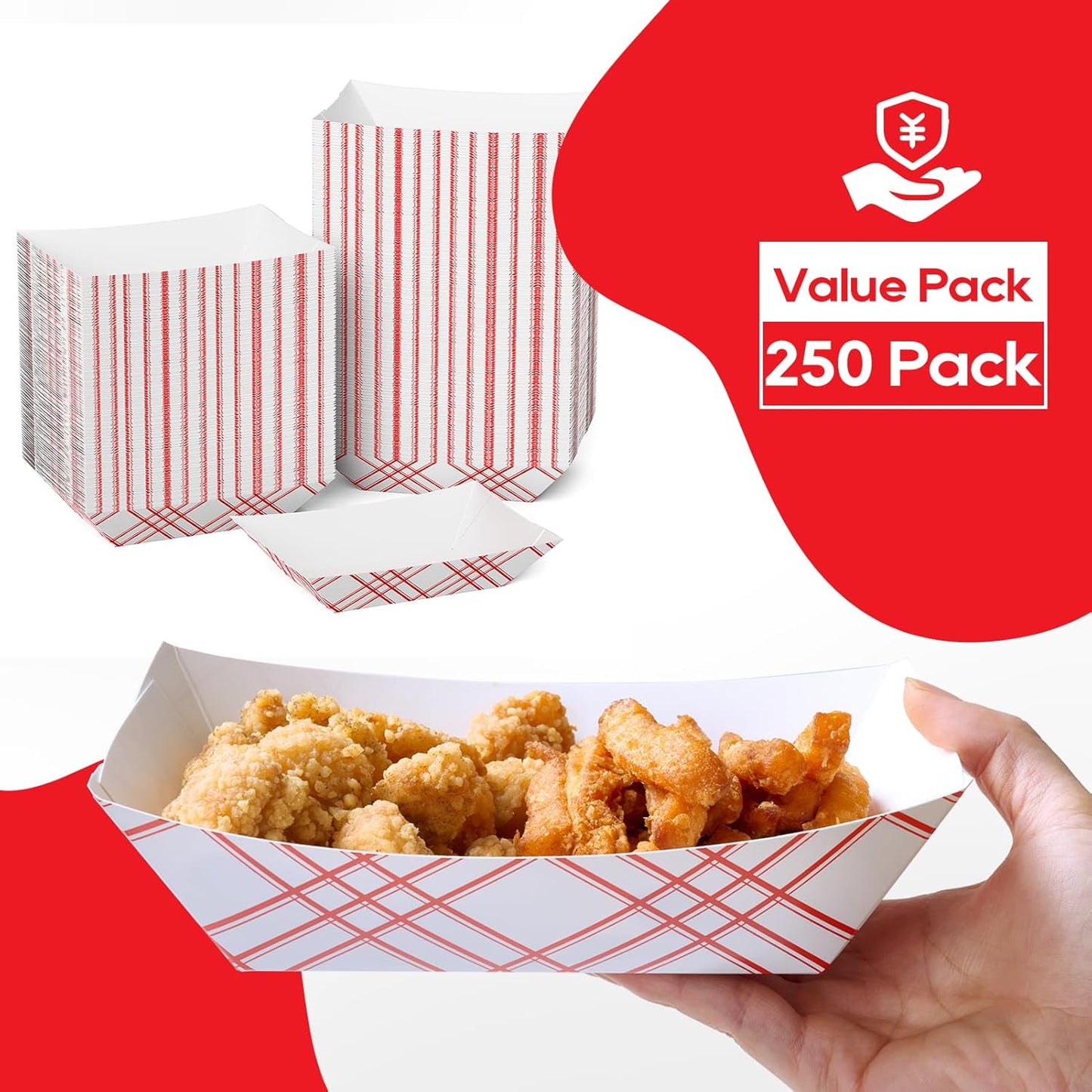 ECOLipak 250 Pack 3lb Paper Food Tray Red, Disposable Paper Food Boats, Food Holder Trays, Serving Boats for Taco Snack Dessert Nacho Hot Dog