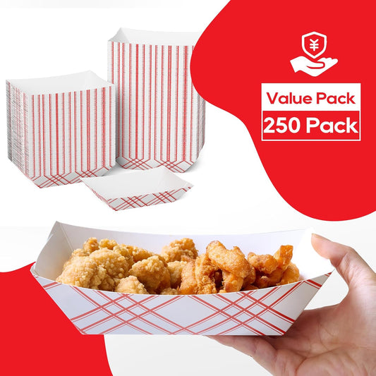 ECOLipak 250 Pack 3lb Paper Food Tray Red, Disposable Paper Food Boats, Food Holder Trays, Serving Boats for Taco Snack Dessert Nacho Hot Dog
