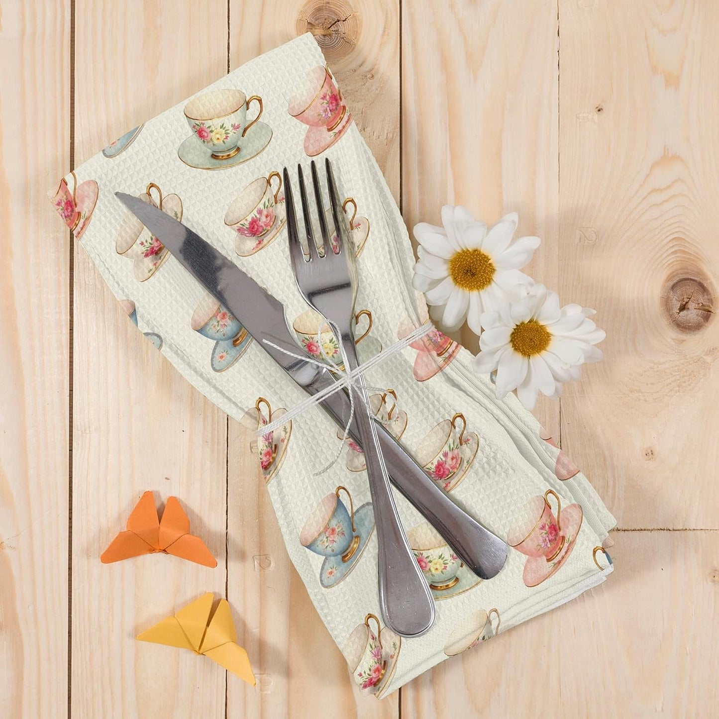 Vintage Spring Floral Teacups Kitchen Dish Towels, Retro French Garden Tea Lover Gifts, Coffee Cup Kitchen Decor, Roses Flower Hand Towels Kitchen Tea Towels Decorations, 16x24inch