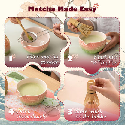 Matcha Tea Set, 8 Pcs Japanese Matcha Kit with Cherry Blossom and Wave Design Ceramic Bowl, Bamboo Whisk, Whisk Holder, Scoop, Sifter, Brush, Matcha Kit Set for Matcha Lovers (Pink-Green)
