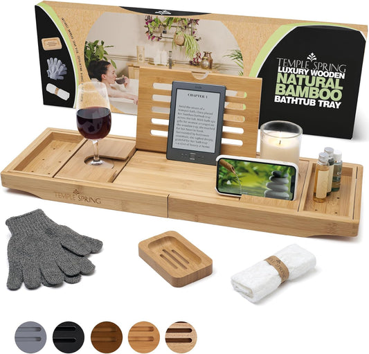 Temple Spring Wooden Bathtub Tray, Bamboo Bathroom Accessories, Bath Tray for Tub, at Home Spa Essentials, Board for Tub Table, Bath Caddy for Bathtub Accessories & Bathroom Essentials – Natural