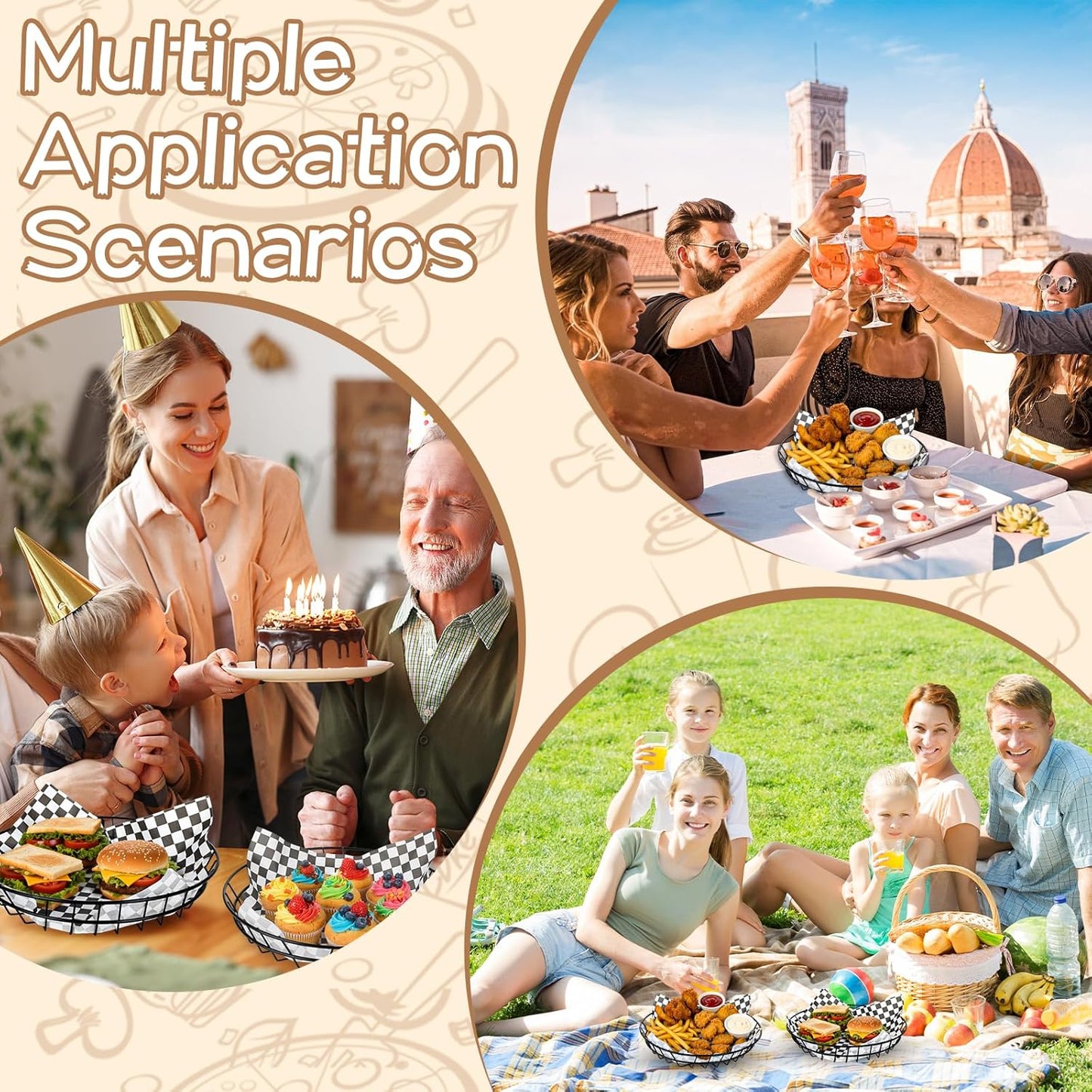 6 Pcs Large Round Metal Wire Bread Baskets 9.8x9.8x1.8 Inch Bread Serving Decorative Sandwich Container Christmas Party Fast Food Basket for Fruit Burger Kitchen Restaurant