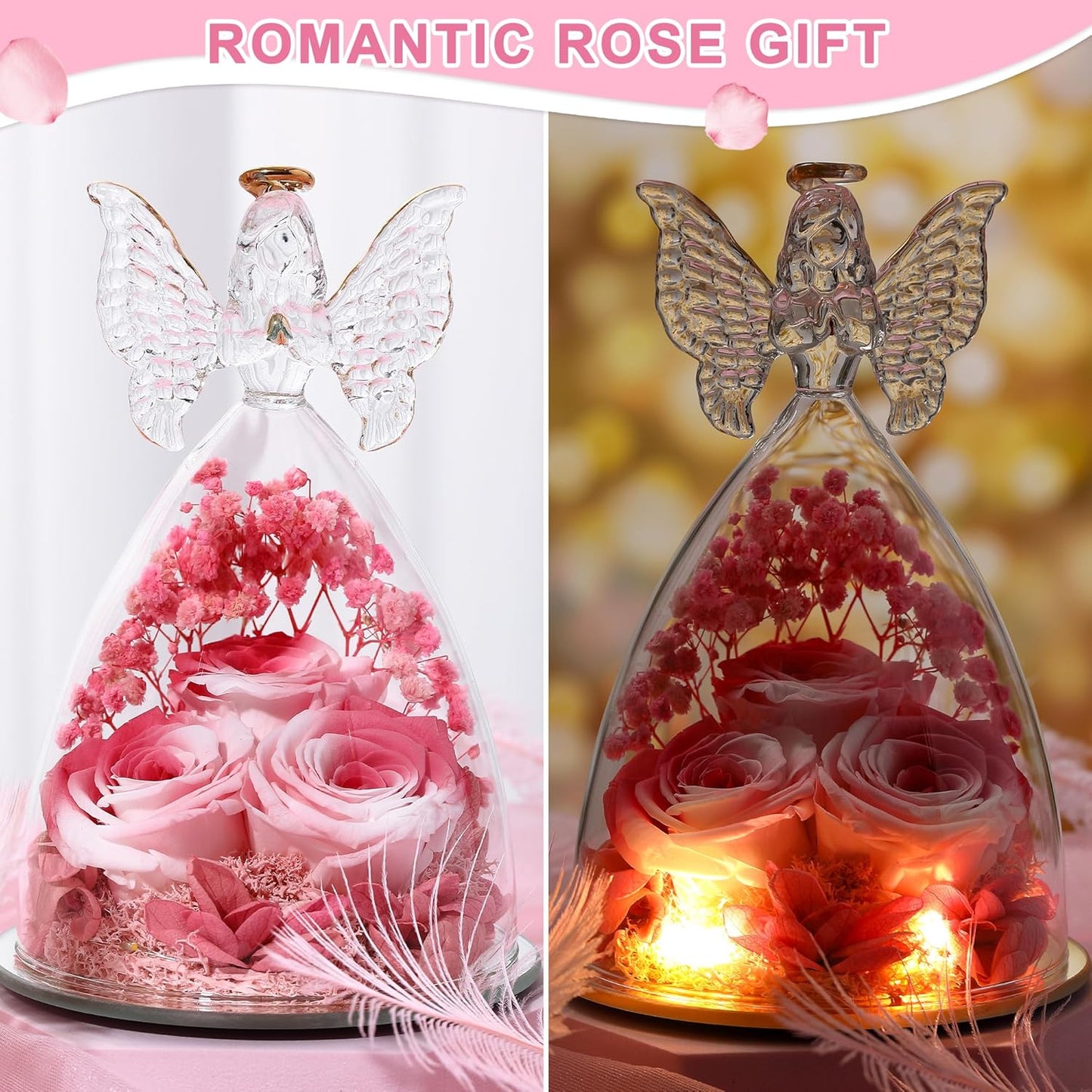 Christmas Rose Gifts for Women Preserved Real Flower in Glass Angel Figurines Roses for Delivery Prime Birthday Gifts for Mom Grandma Girlfriend Wife Her, Pink White
