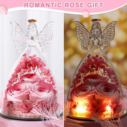 Christmas Rose Gifts for Women Preserved Real Flower in Glass Angel Figurines Roses for Delivery Prime Birthday Gifts for Mom Grandma Girlfriend Wife Her, Pink White