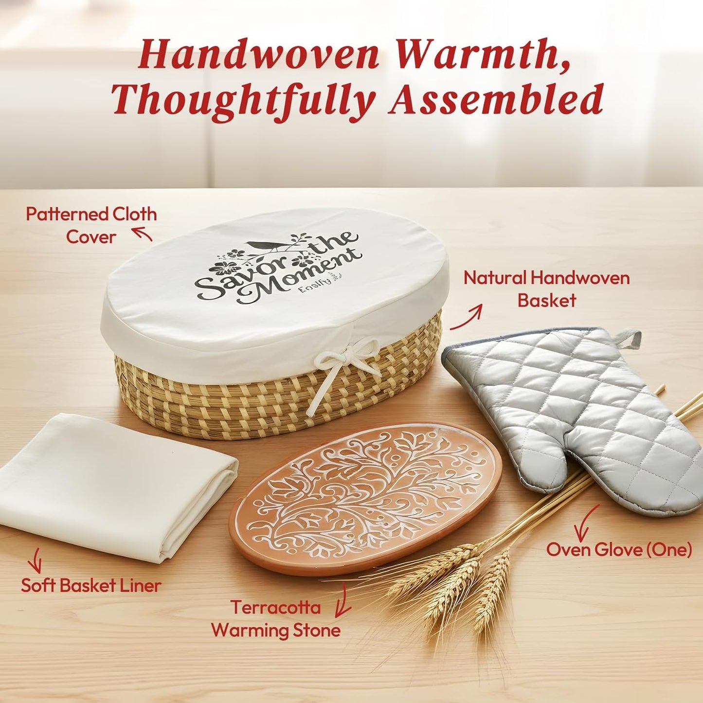 Bread Warmer Basket with Stone (Large Oval 13.8 x 9.5) - Bread Baskets for Serving with Liner, Lid & Heat-Resistant Glove, Terracotta Serving Basket for Rolls & Tortillas, Housewarming & Kitchen Gifts