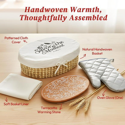 Bread Warmer Basket with Stone (Large Oval 13.8 x 9.5) - Bread Baskets for Serving with Liner, Lid & Heat-Resistant Glove, Terracotta Serving Basket for Rolls & Tortillas, Housewarming & Kitchen Gifts