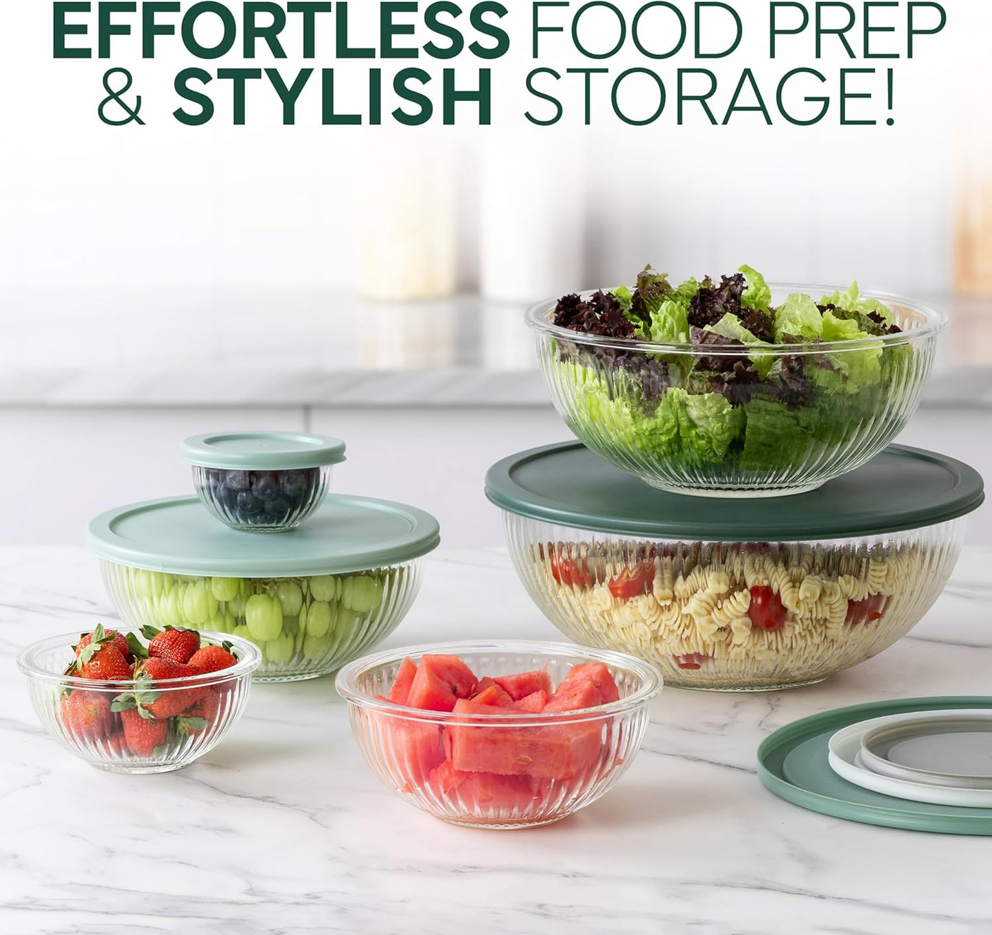 COOK WITH COLOR 12 Pc Glass Mixing Bowl Set with Lids – Borosilicate Glass Nesting Bowls for Cooking, Baking and Meal Prep, Fluted Sage