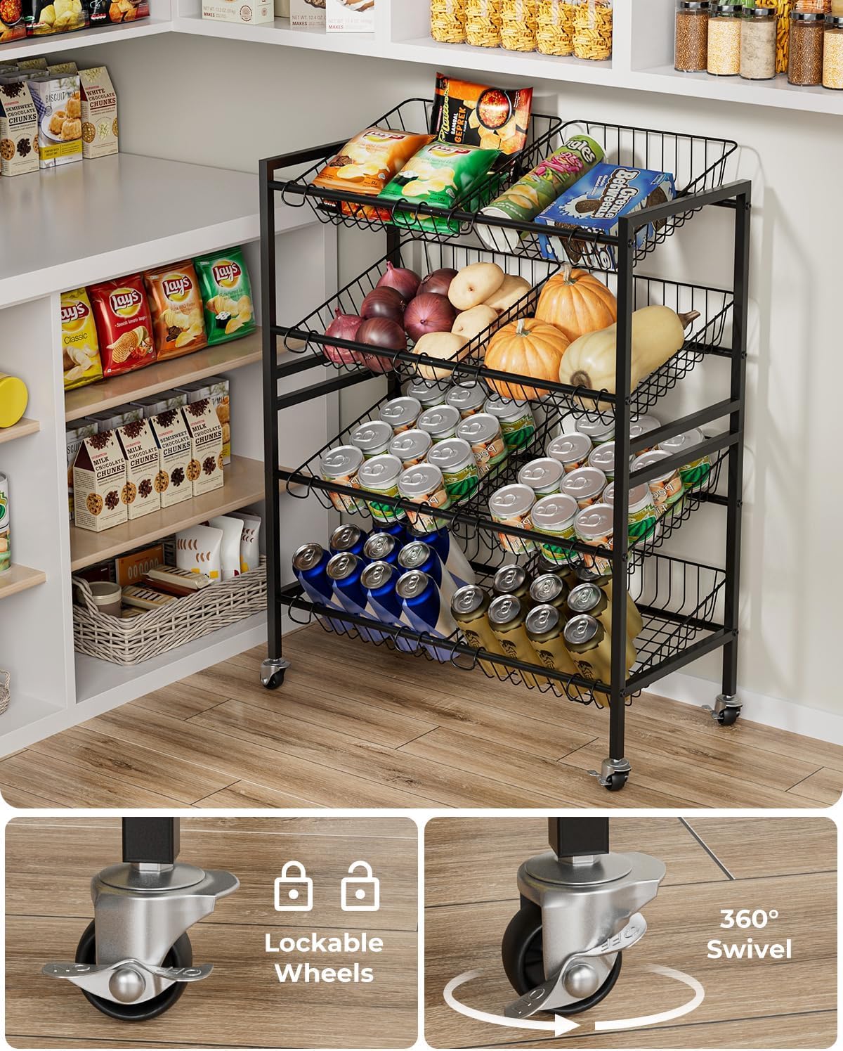 Evermagin 25.2''W Snack Cart, 4 Tier Kitchen Cart, Fruit Basket Stand, Vegetable Food Storage with 8 Stackable Wire Baskets for Onion Potato, Black