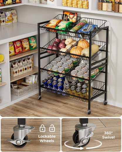 Evermagin 25.2''W Snack Cart, 4 Tier Kitchen Cart, Fruit Basket Stand, Vegetable Food Storage with 8 Stackable Wire Baskets for Onion Potato, Black