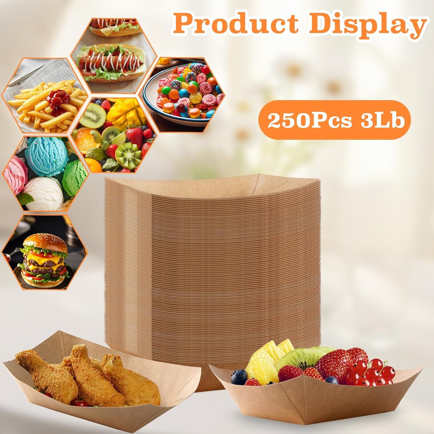 3lb Paper Food Trays, 250 Pcs Disposable Paper Food Boats, Disposable Nacho Trays, Kraft Serving Boats, Party Serving Tray for Nachos, Snacks, Chips, Hot Dogs, Popcorn, Party, Picnic, Wedding