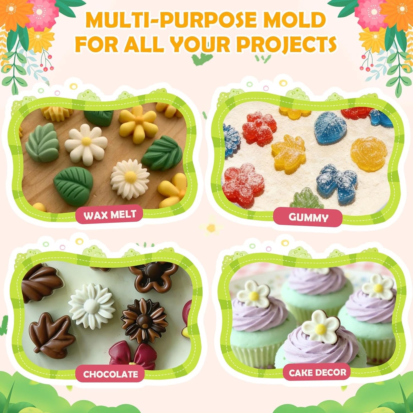 HKNMTT Flower Candy Molds Silicone, Small 9 Shapes Bite Size Chocolate Gummy Jello Gelatin Spring Cute Bow Rose Leaf Dessert Wax Melt Ice Cube Moulds Food Grade Treats Making Oven Safe Kids DIY Set