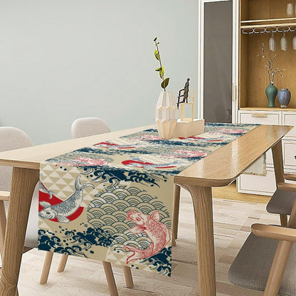 Japanese Kio Fish Table Runner, Line Art Colorful Janan Style Oriental Table Runner for Kitchen Study Living Room Home Bedroom, Gray 13x108 Inch