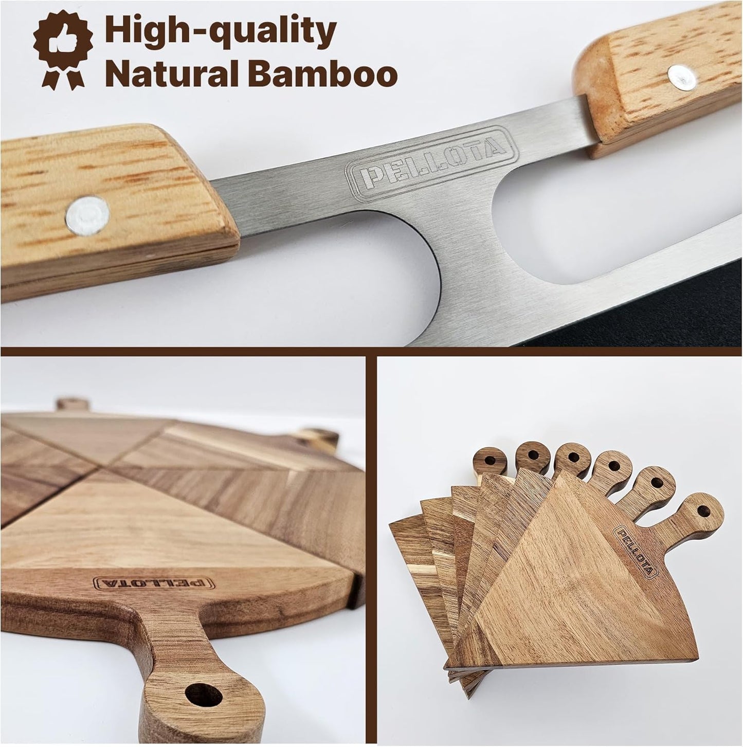 Premium Wooden Pizza Serving Board Set – 6 Slice Detachable Pizza Tray with Stainless Steel Rocker Knife, Pizza Slicer, Pizza Rocker for Parties & Gifts