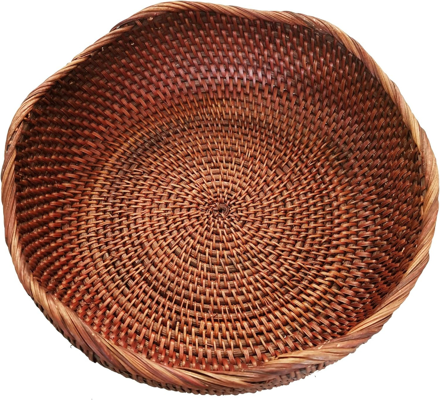 Handmade Rattan Round Fruit Basket Food Storage Bowls Kitchen Organizer Snack Serving Bowl 11 Inch Wavy Edge Circle Tray Basket with 3” Deep Wall, Dark Brown Décor Display Tray Bowl, L
