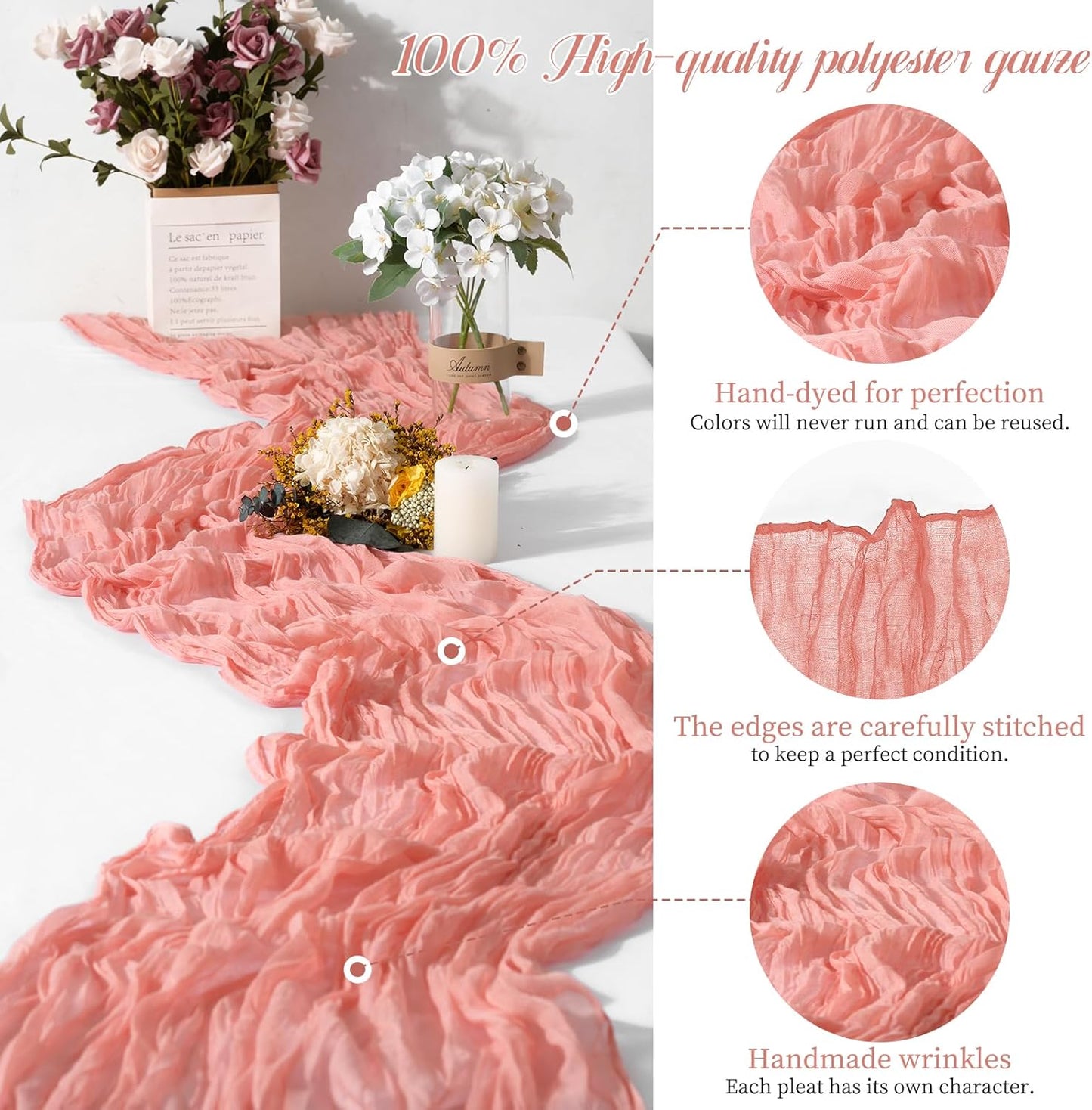 15 Packs Cheesecloth Table Runner - Peach Coral, 10 Ft Rustic Gauze Boho Wedding Table Runner Decoration for Wedding Party Bridal Shower, 21.5x120in