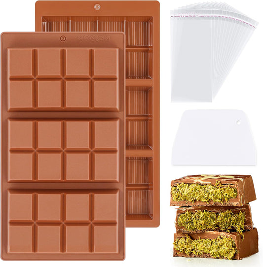 2 Pcs Chocolate Bar Mold Deep Dubai 0.85 Inch Stuffed Large Chocolate Molds Silicone Break Apart Thick Silicone Molds for Candy Bar, With 100 Pcs Wrappers and 1 Pc Scrapers Set (8 Snap）