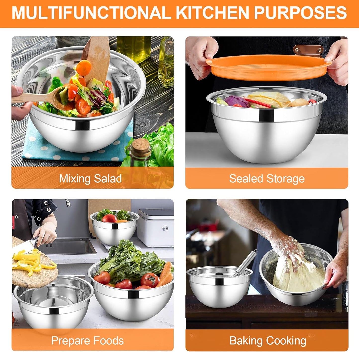 LIANYU Mixing Bowls with Lids Set of 6, Large 7 & 3.5 & 2.5 & 2 & 1.5 & 1QT Stainless Steel Serving Bowls, Kitchen Metal Nesting Bowl for Cooking, Food Storage, Dishwasher & Freezer Safe, Multi-Color