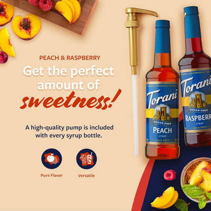 Torani Sugar Free Raspberry Syrup and Sugar Free Peach Syrup Variety 2-Pack, Flavored Syrups for Drinks, Pumps Included, 25.4 Fl Oz Ea