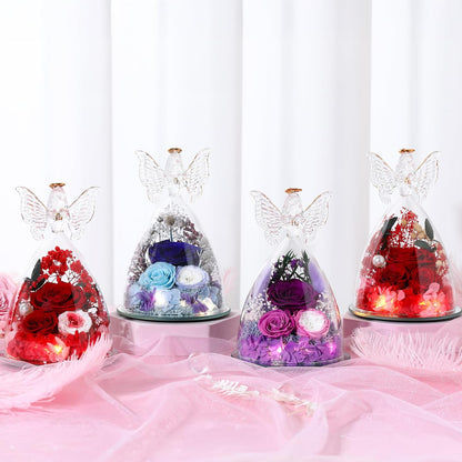 Christmas Rose Gifts for Women Preserved Real Flower in Glass Angel Figurines Roses for Delivery Prime Birthday Gifts for Mom Grandma Girlfriend Wife Her,Red Pink Austin Roses