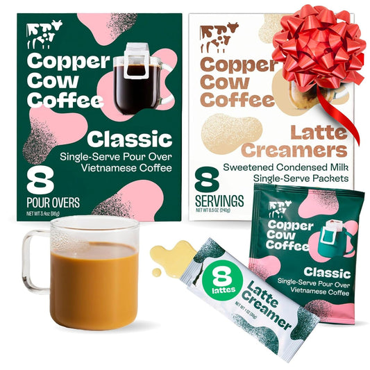 Copper Cow Coffee Pour Over Vietnamese Coffee Pouches + Sweetened Condensed Milk Creamers (8 Coffees & 8 Milk Creamers) | Classic Black Lattes, No Refrigeration Needed, Travel Friendly Ground Coffee