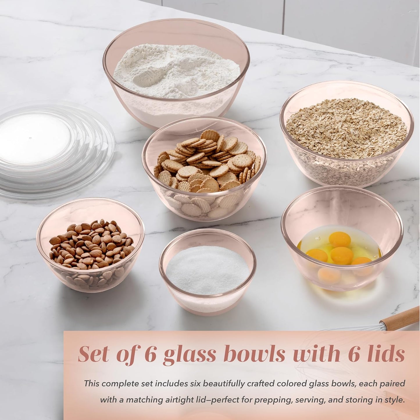 COOK WITH COLOR 12 Pc Glass Mixing Bowl Set with Lids – Borosilicate Glass Nesting Bowls for Cooking, Baking and Meal Prep, Colored Pink