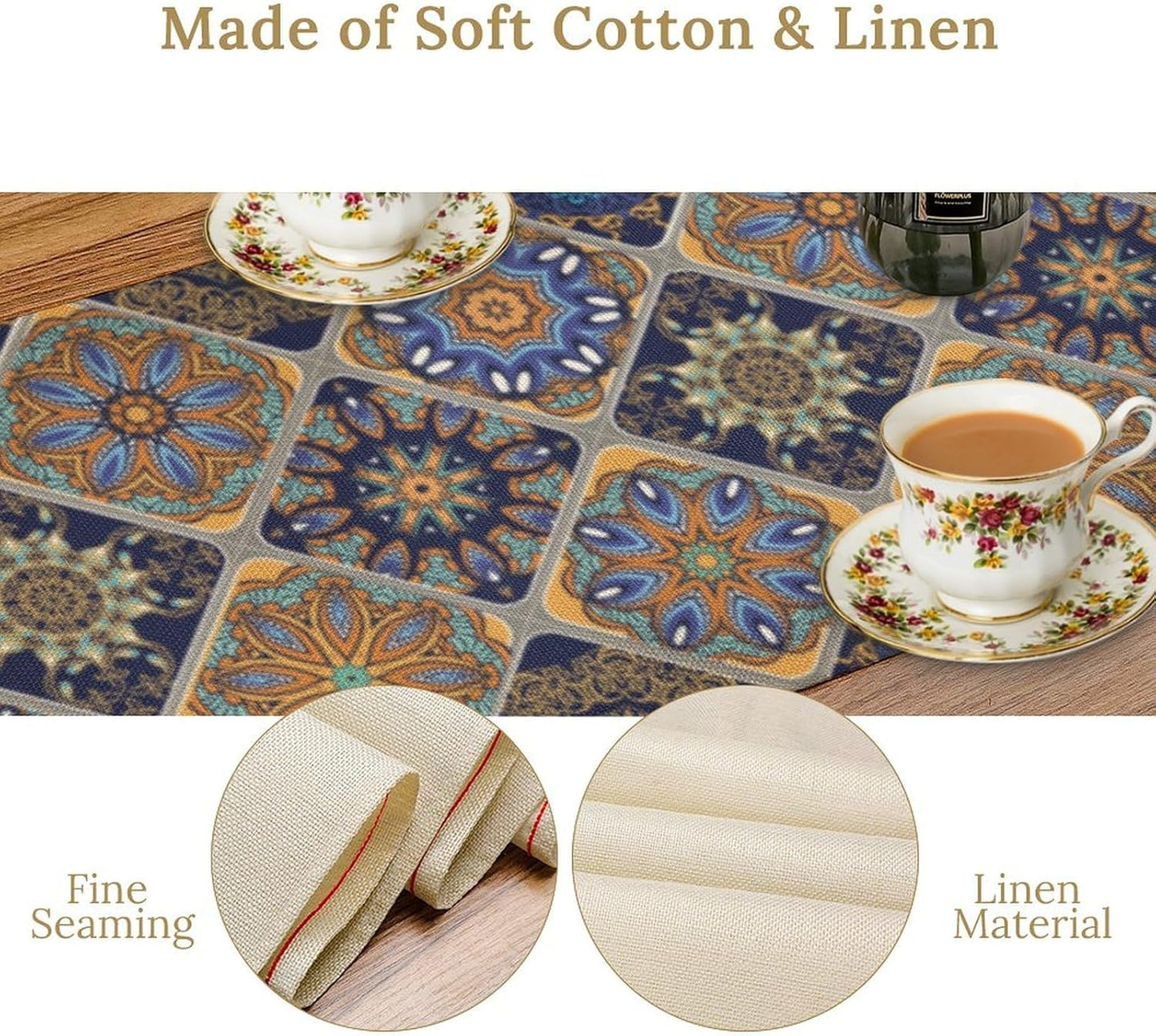 Boho Bohemian Table Runner, Vintage Farmhouse Blue Yellow Pattern Table Runners for Coffee Table Dining Room Kitchen Party Home Holiday 13x90 Inch