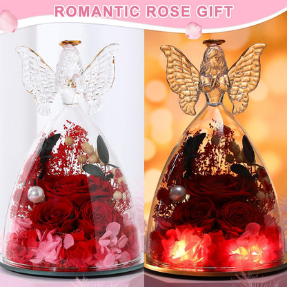 Christmas Rose Gifts for Women Preserved Real Flower in Glass Angel Figurines Roses for Delivery Prime Birthday Gifts for Mom Grandma Girlfriend Wife Her, Red Austin Roses