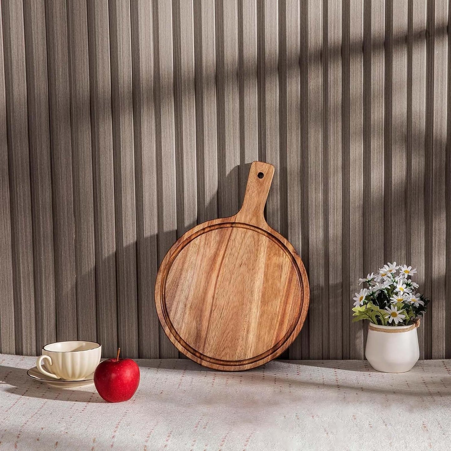 Pizza Cutting Board, Wood Charcuterie Boards, Round Cuttings Board for Woods Kitchen Utensils, Wood Cutting Board with Handle, Wooden Serving Tray for Pizza Bread Cheese Fruit Vegetables