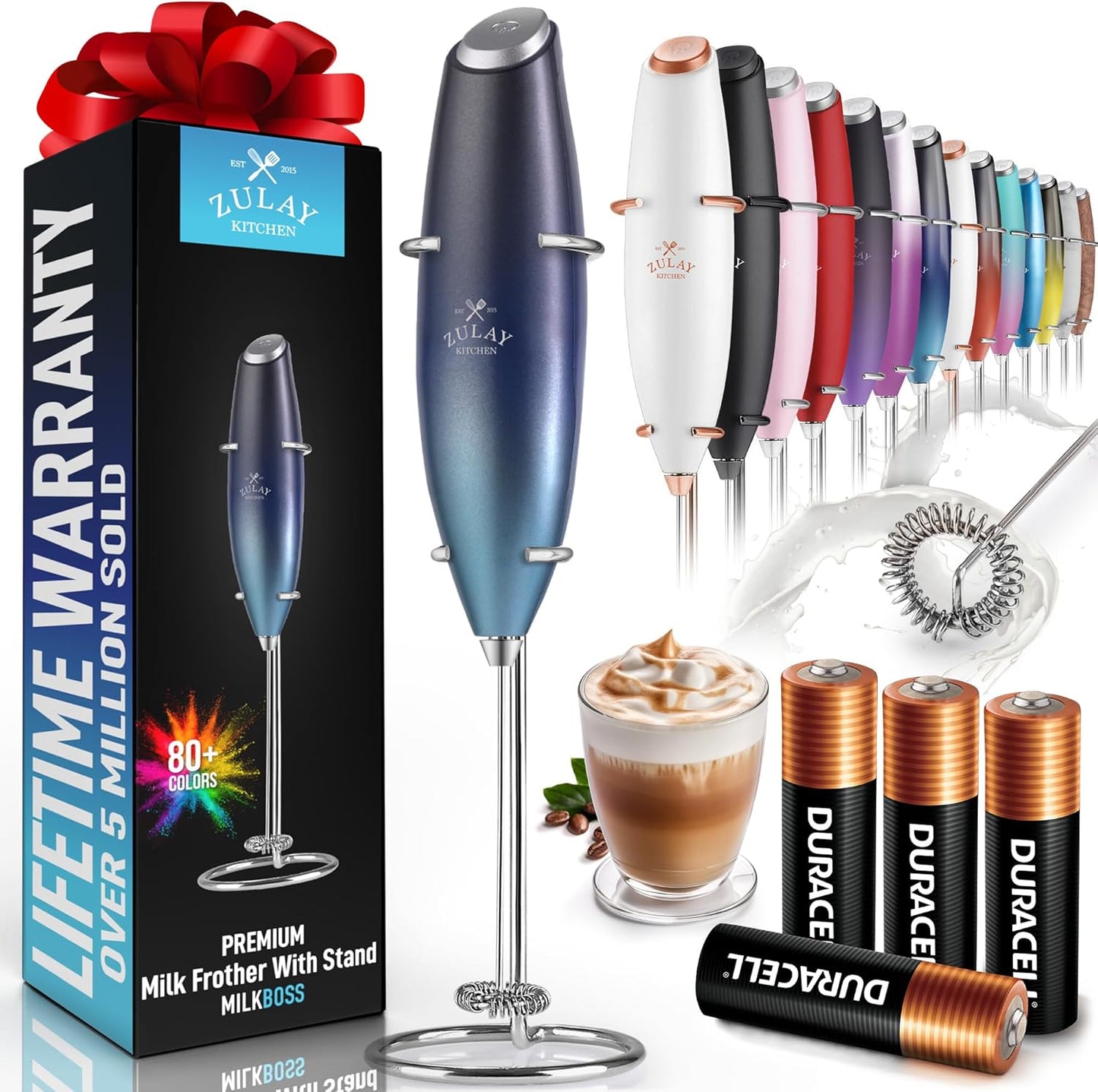 Zulay Kitchen Powerful Milk Frother Wand With 4 AA Duracell Batteries - Ultra Fast Handheld Drink Mixer - Electric Whisk Foam Maker for Coffee, Lattes, Cappuccino, Matcha & Creamer