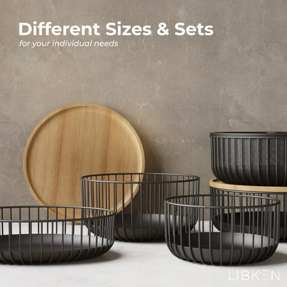 Fruit Basket with Wooden Bamboo Lid - Fruit Bowl For Kitchen Counter - Countertop Bin for Produce Fruits, Potato and Veggie - Metal Wire Baskets For organizing - 11.4"x11.4"x4.5" - Black