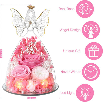 Christmas Rose Gifts for Women Preserved Real Flower in Glass Angel Figurines Roses for Delivery Prime Birthday Gifts for Mom Grandma Girlfriend Wife Her,Pink Austin Roses