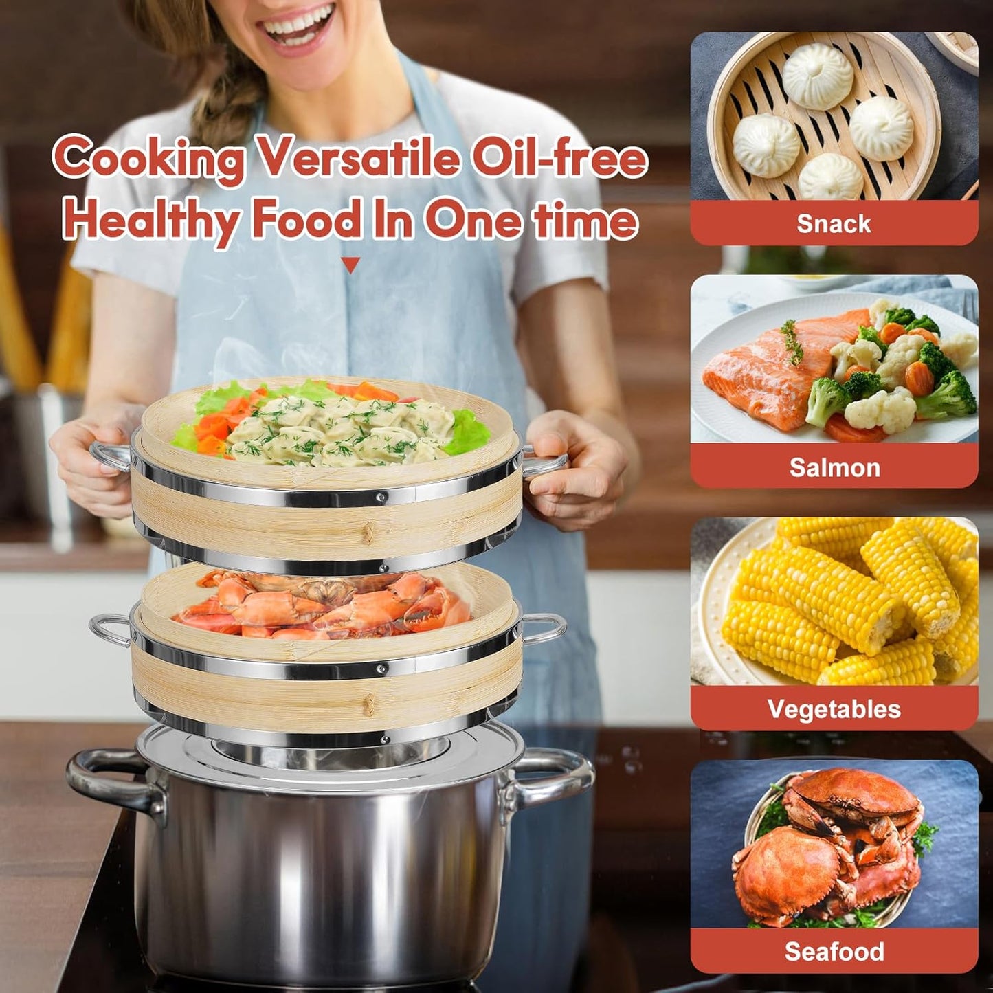 2-Tier Bamboo Steamer Basket Set 10 Inch with Reinforcement & Handle,Bamboo Steamer for Cooking,Dumpling Bun Dim Sum, Rice Potsticker Steaming Chinese Asian Food & Vegetables