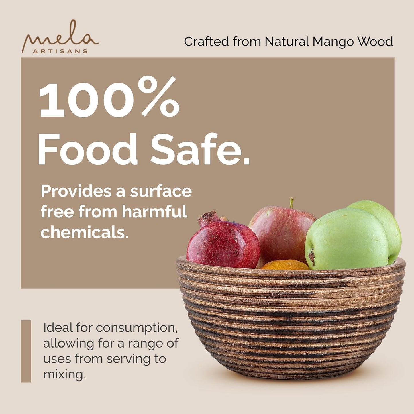 Mela Artisans Wooden Fruit Bowl | Dark Burnt Finish | 9” Decorative Mango Wood Serving Bowl | Multipurpose for Kitchen Countertop | Salad | Snacks | Fruit | Breads & More | Natural Grain Look