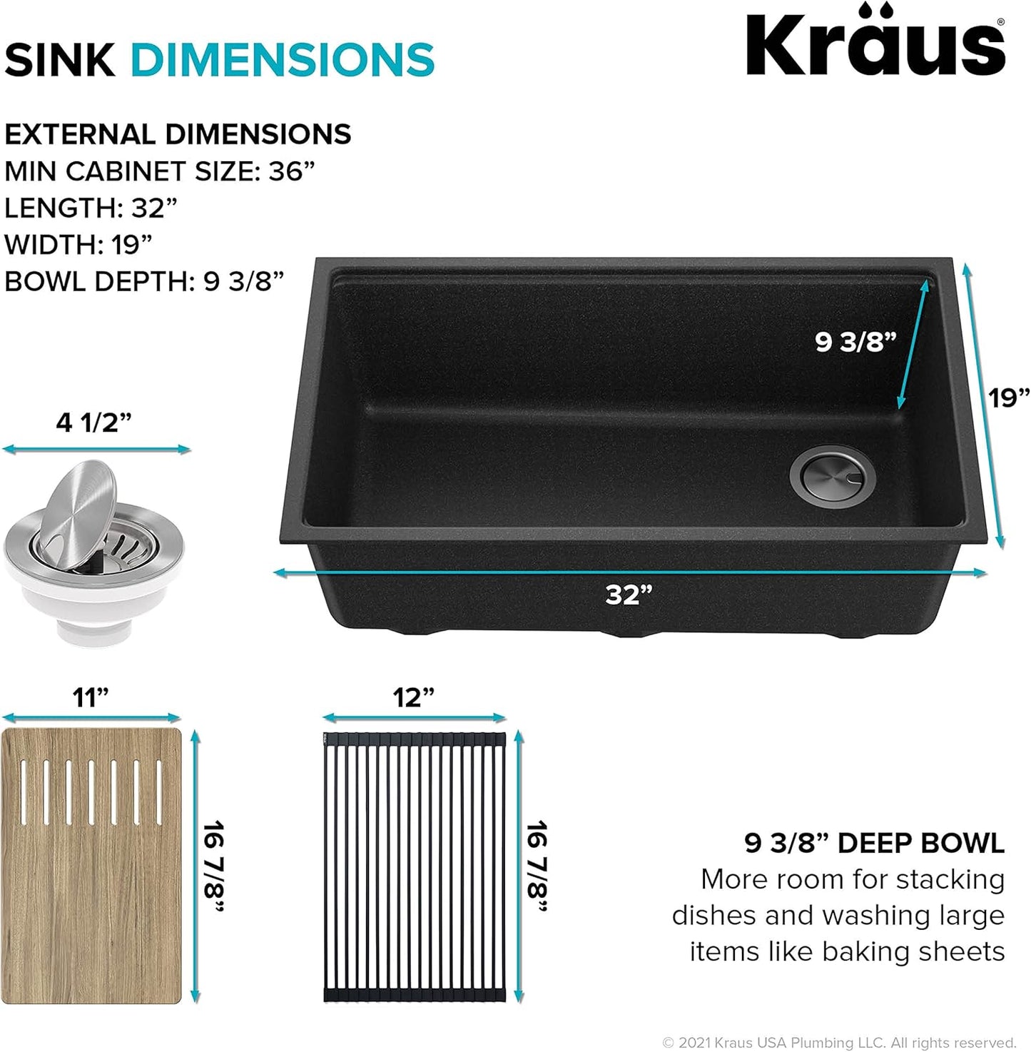 Kraus KGUW2-33MB-100-100, Bellucci Workstation 32 in. Undermount Granite Composite Single Bowl Kitchen Sink in Metallic Black with WasteGuard 1 HP Continuous Feed Garbage Disposal and Accessories