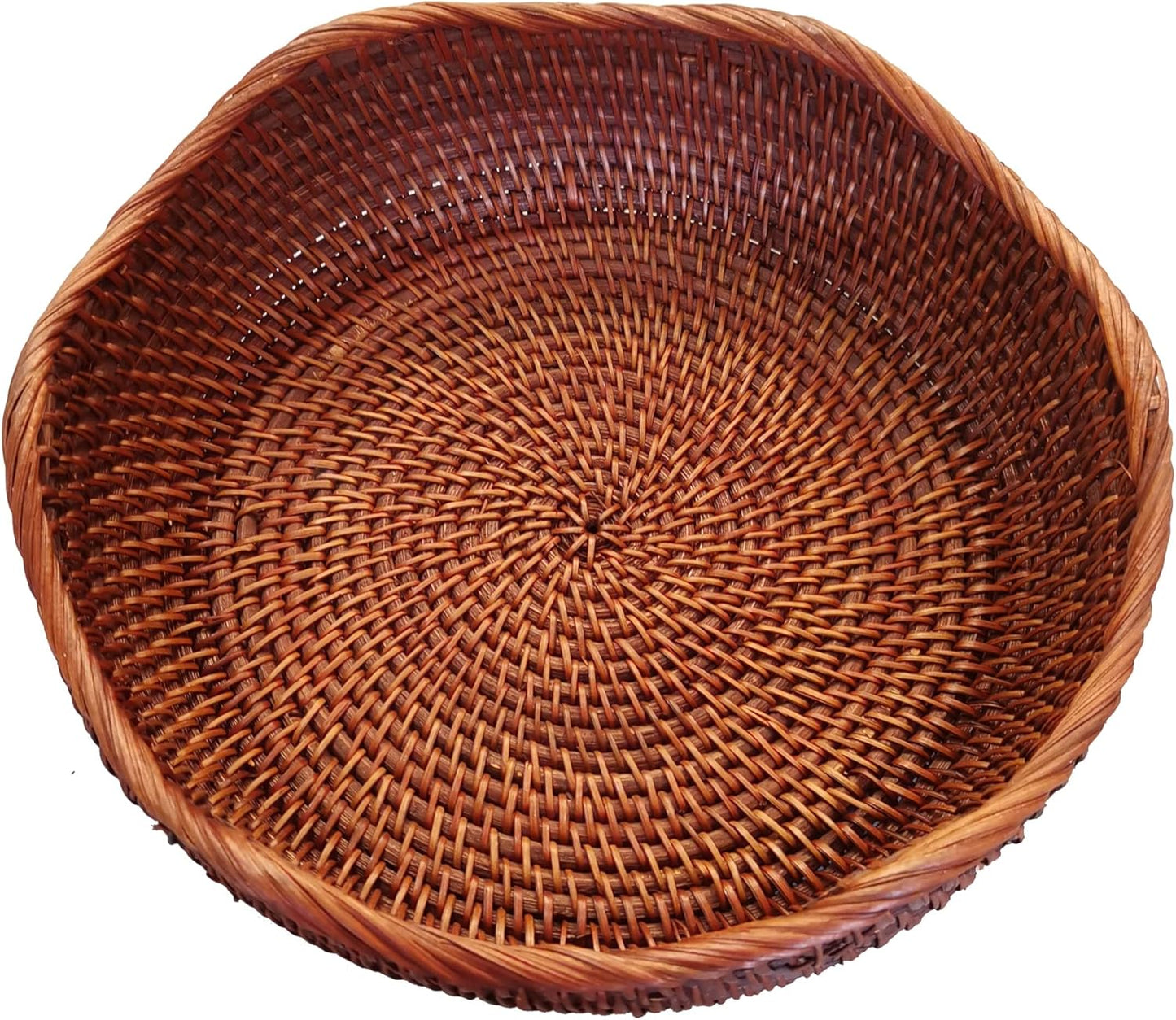 Handmade Rattan Round Fruit Basket Food Storage Bowls Kitchen Organizer Snack Serving Bowl 10 Inch Wavy Edge Circle Tray Basket with 3” Deep Wall, Dark Brown Décor Display Tray Bowl, M