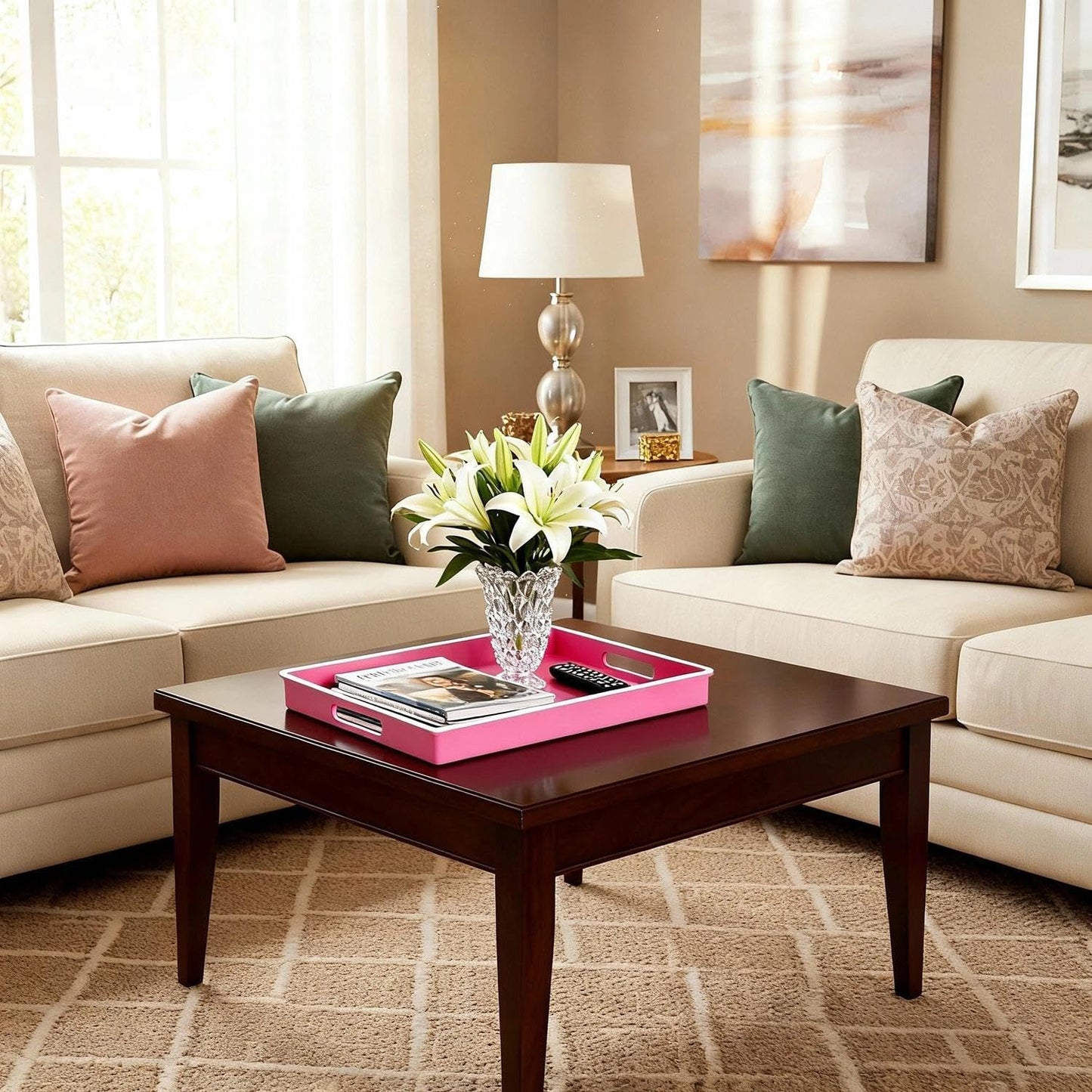 Zosenley Decorative Tray, Rectangular Plastic Tray with Handles, Modern Vanity Tray and Serving Tray for Bathroom, Kitchen, Ottoman and Coffee Table, 15.6” x 10.2” (White Border Rose red)