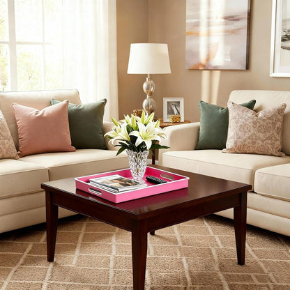 Zosenley Decorative Tray, Rectangular Plastic Tray with Handles, Modern Vanity Tray and Serving Tray for Bathroom, Kitchen, Ottoman and Coffee Table, 15.6” x 10.2” (White Border Rose red)