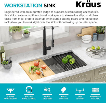 KRAUS Kore ADA Workstation 32-inch Undermount 16 Gauge Stainless Steel Kitchen Sink, Single Bowl Kitchen Sink with Accessories, KWU110-32/5.5