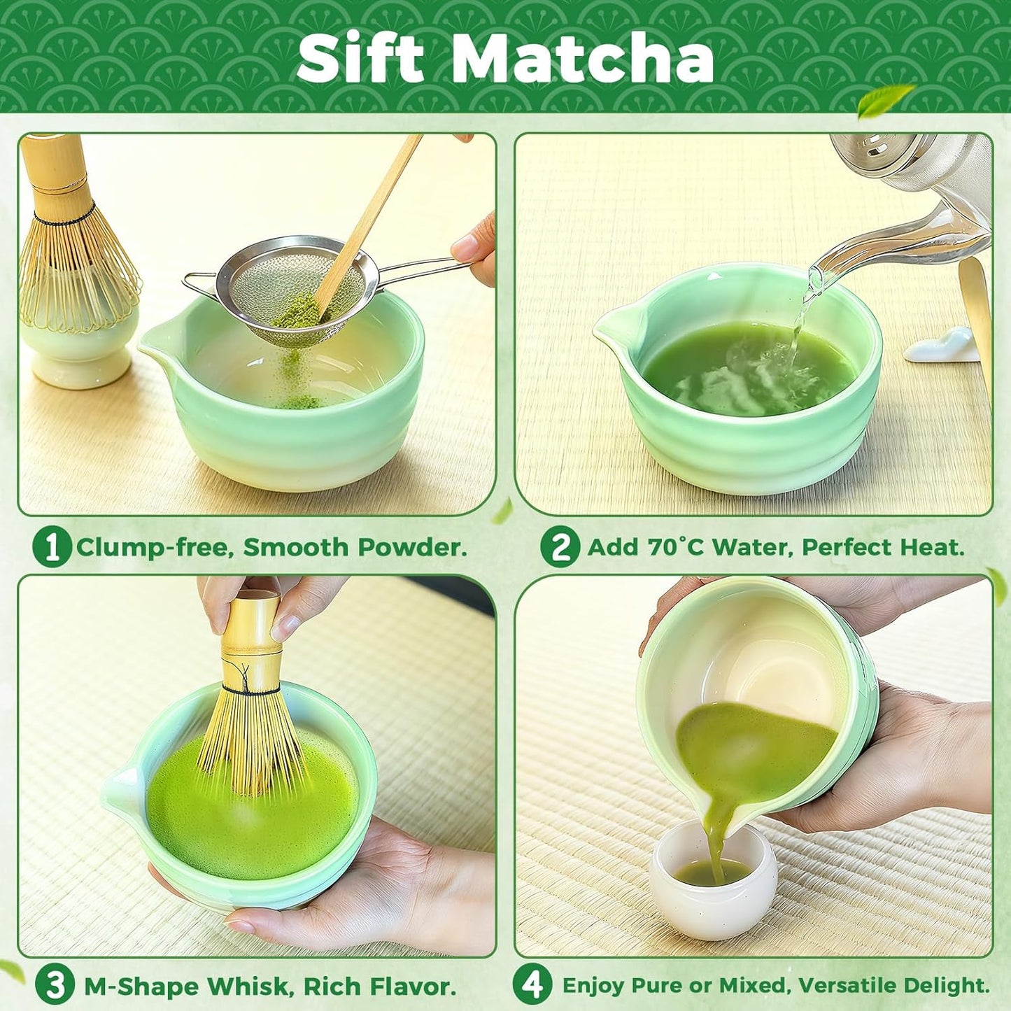 Evoio Matcha Set, 10 Pcs Japanese Matcha Whisk Set with Ceramic Bowl, Bamboo Whisk, Stainless Sifter, Scoop and Holder, Gift for Tea Lovers