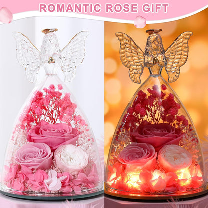 Christmas Rose Gifts for Women Preserved Real Flower in Glass Angel Figurines Roses for Delivery Prime Birthday Gifts for Mom Grandma Girlfriend Wife Her,Pink Austin Roses