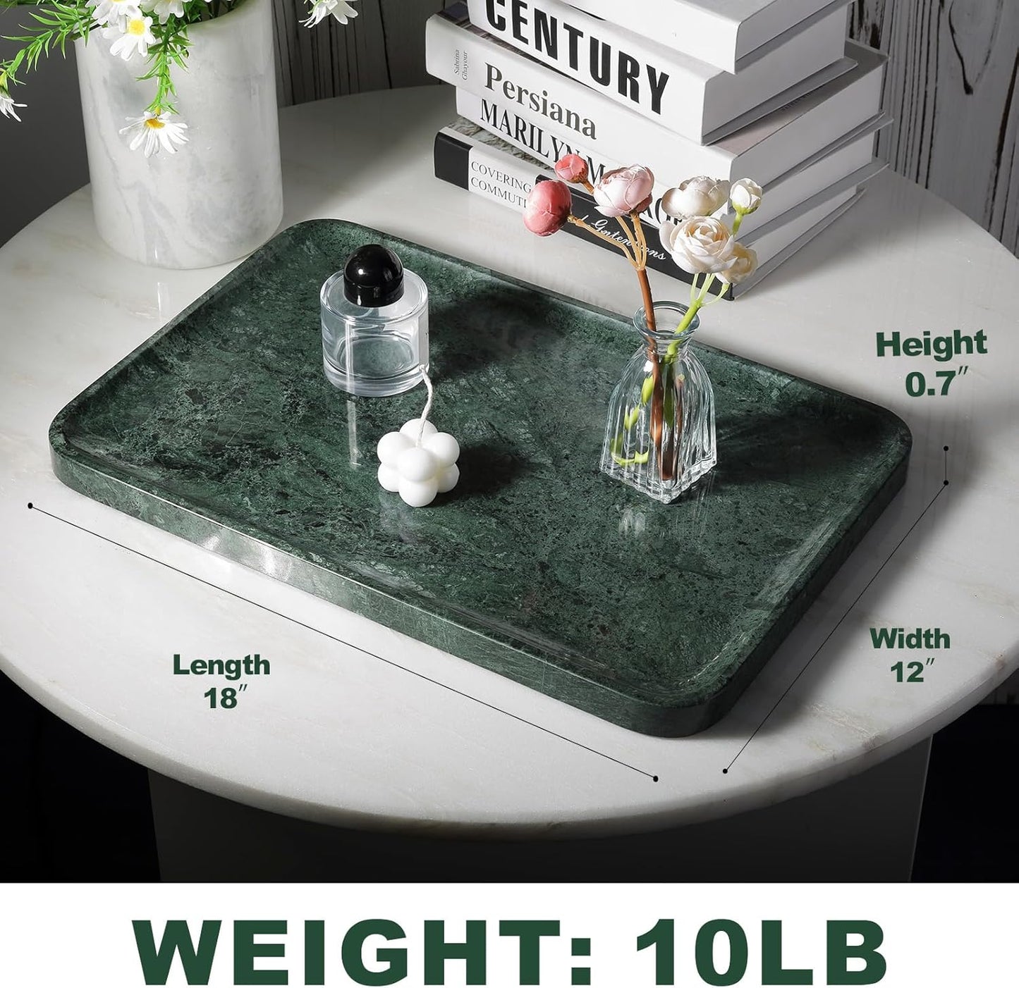 Marble Vanity Tray, 18in Stone for Bathroom Countertop, 17 3/4'' Oversized Dresser Decorative Organizer, Luxury Kitchen Serving Plate, Kitchen Sink Storage Tray, Perfume, Jewelry Holder(Green)