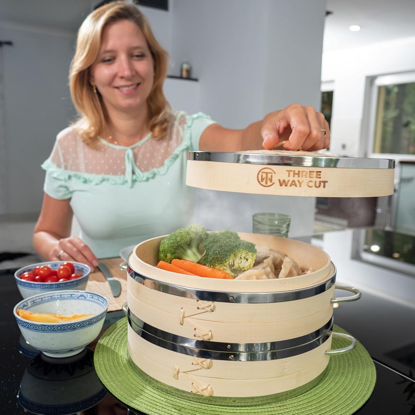 2-tier 10" Bamboo Steamer with Reinforcement & Handle, Reusable Silicone Liner & Accessories Kit For Cooking Dumpling, Baby Bao Bun, Dim Sum, Rice Potsticker Steaming Chinese Asian Food & Vegetables