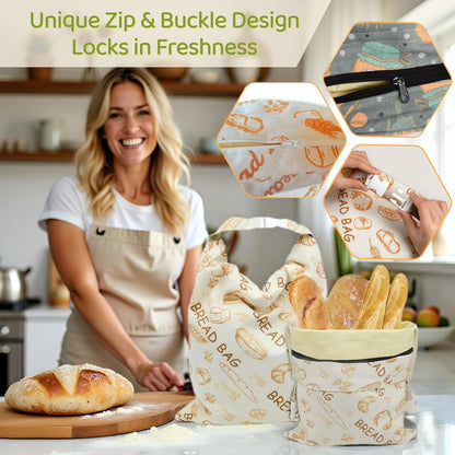 2 Pack XL Beeswax Bread Bags with Zipper Seal – Reusable Cotton Linen Waxed Bread Bags for Homemade Bread, Sourdough Storage, Eco-Friendly Bees Wax Bag Alternative to Plastic (2)