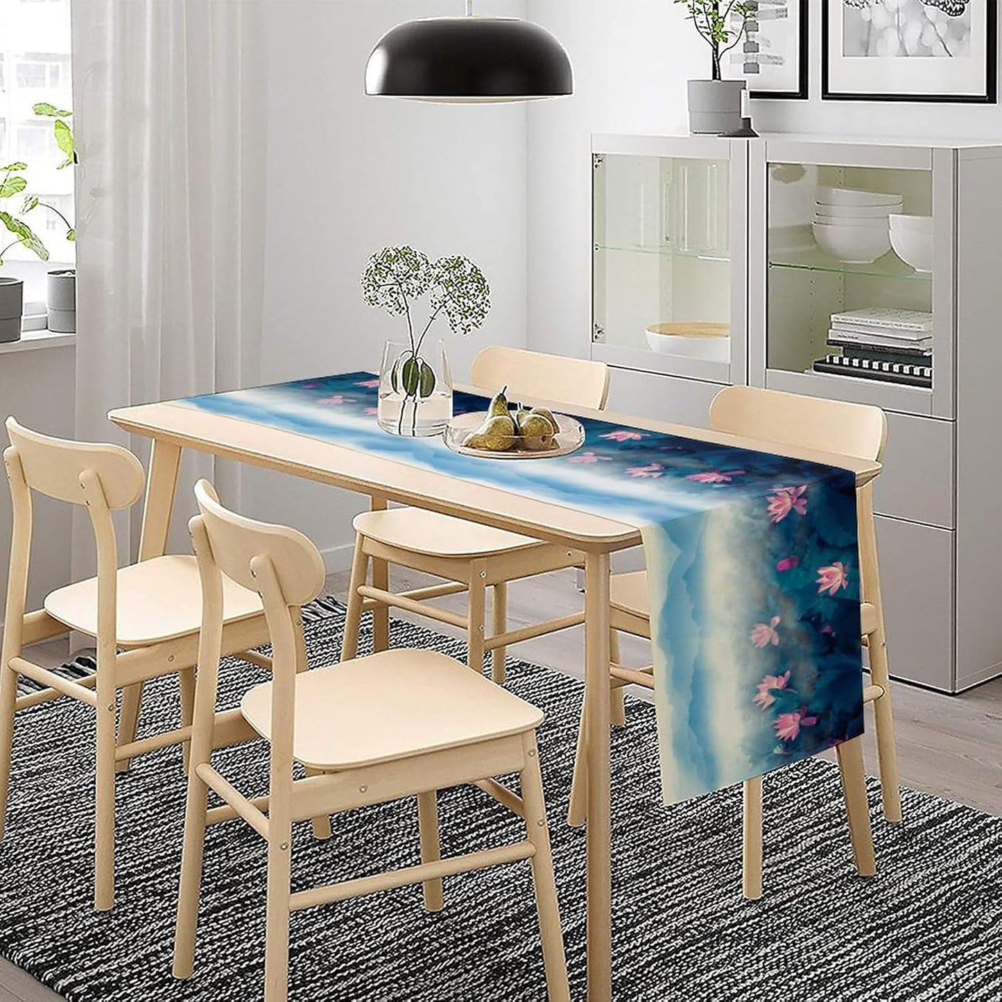 Chinoiserie Vintage Table Runner, Asian Landscape Mountain Fall Seasonal House Wash Lotus Trees Kitchen Dining Table Decoration for Home Party Decor 13x120 Inch