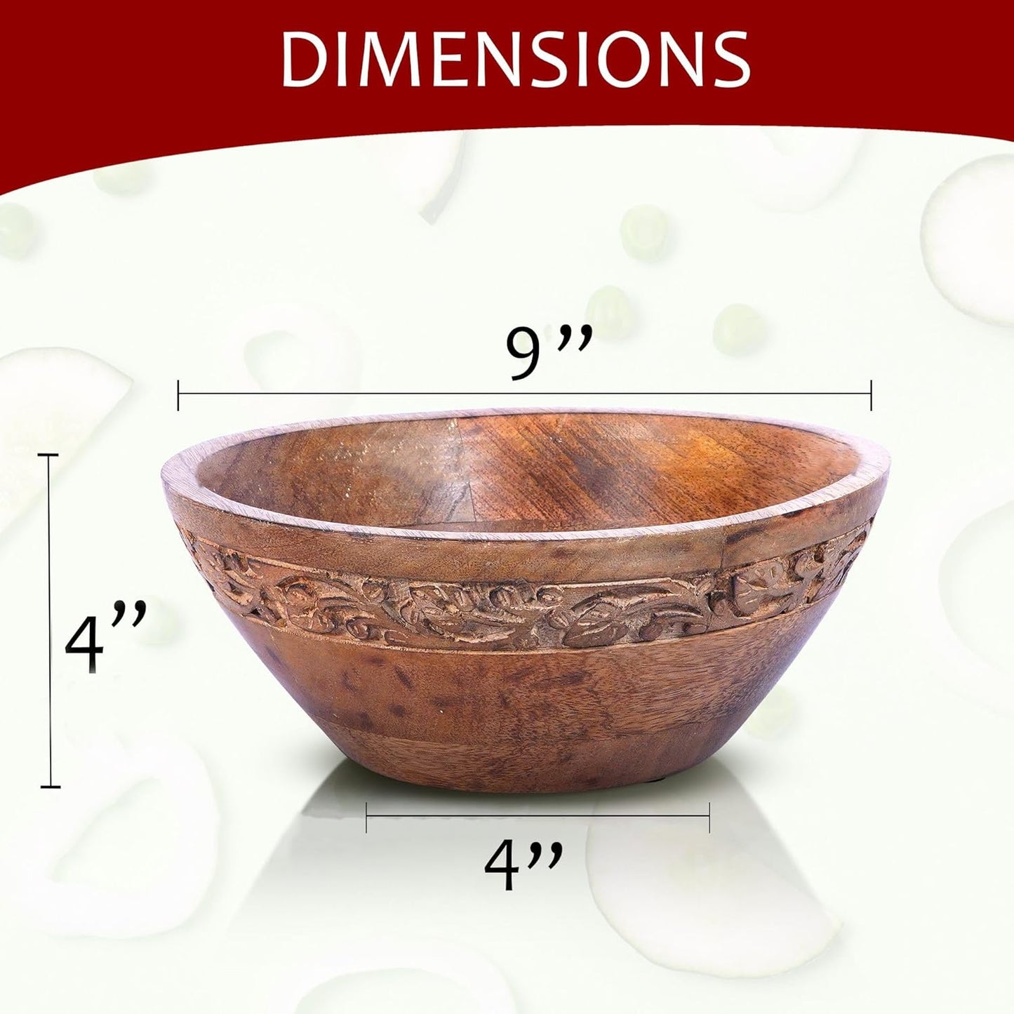 Mela Artisans Wooden Fruit Bowl | Medium Burnt Finish | 9” Mango Wood Serving Bowl with Felt Pads | Multipurpose for Kitchen Countertop |Salad | Snacks | Breads & More | Natural Grain Texture