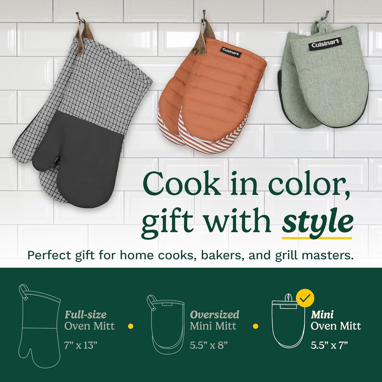 Cuisinart Heritage Mini Oven Mitts – 5.5” x 7” Heat-Resistant Kitchen Mitts for Oven with Non-Slip Neoprene Palm, Cotton Filling, and Faux Leather Loop – Durable Oven Mitt Set for Cooking & Baking