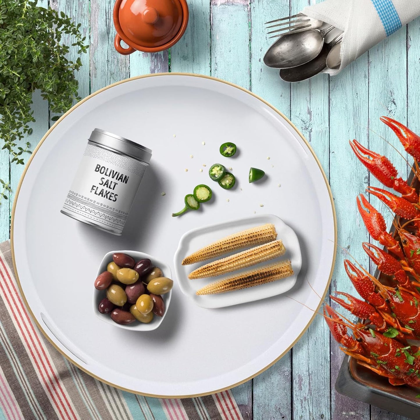 White Round Decorative Tray with Handles, 13" Versatile Serving Tray for Coffee Table, Ottoman, Ideal for Serving, Displaying, Organizing