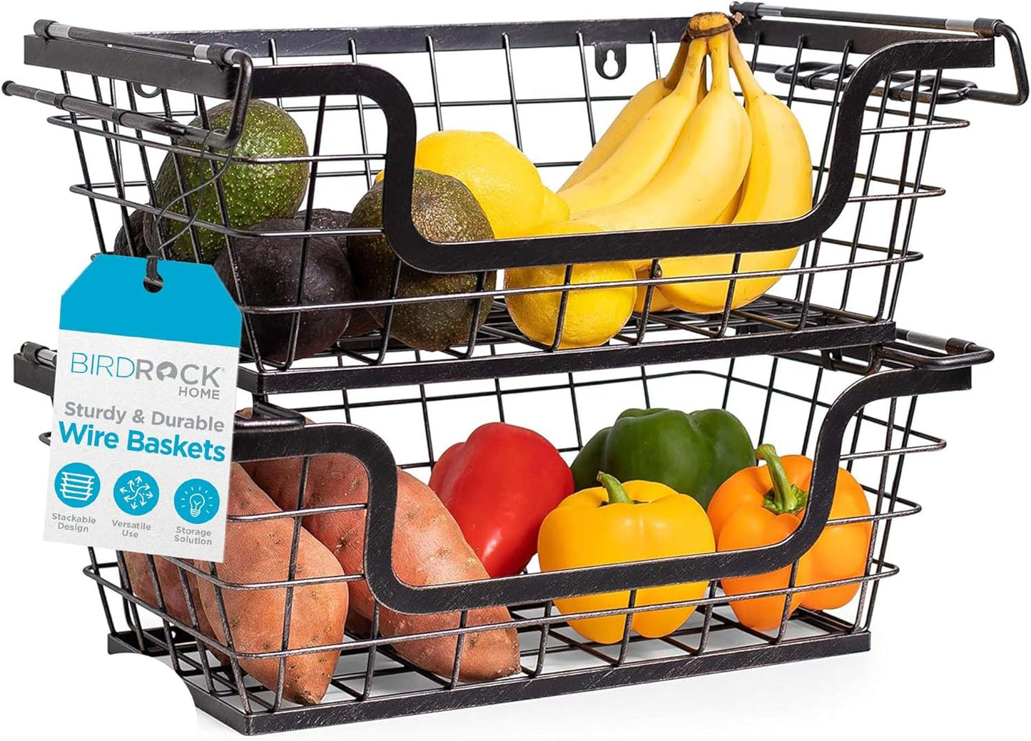 BIRDROCK HOME Wire Baskets - Set of 2 Stackable Hanging Bins - Wall Mount Shelf - Potato Onion Storage - Kitchen Pantry Organizer - Fruit Vegetable Snack Tier - Counter Cabinet Storage - Metal Baskets