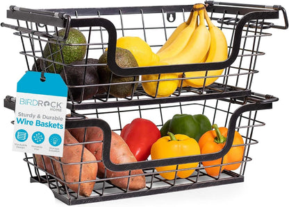 BIRDROCK HOME Wire Baskets - Set of 2 Stackable Hanging Bins - Wall Mount Shelf - Potato Onion Storage - Kitchen Pantry Organizer - Fruit Vegetable Snack Tier - Counter Cabinet Storage - Metal Baskets