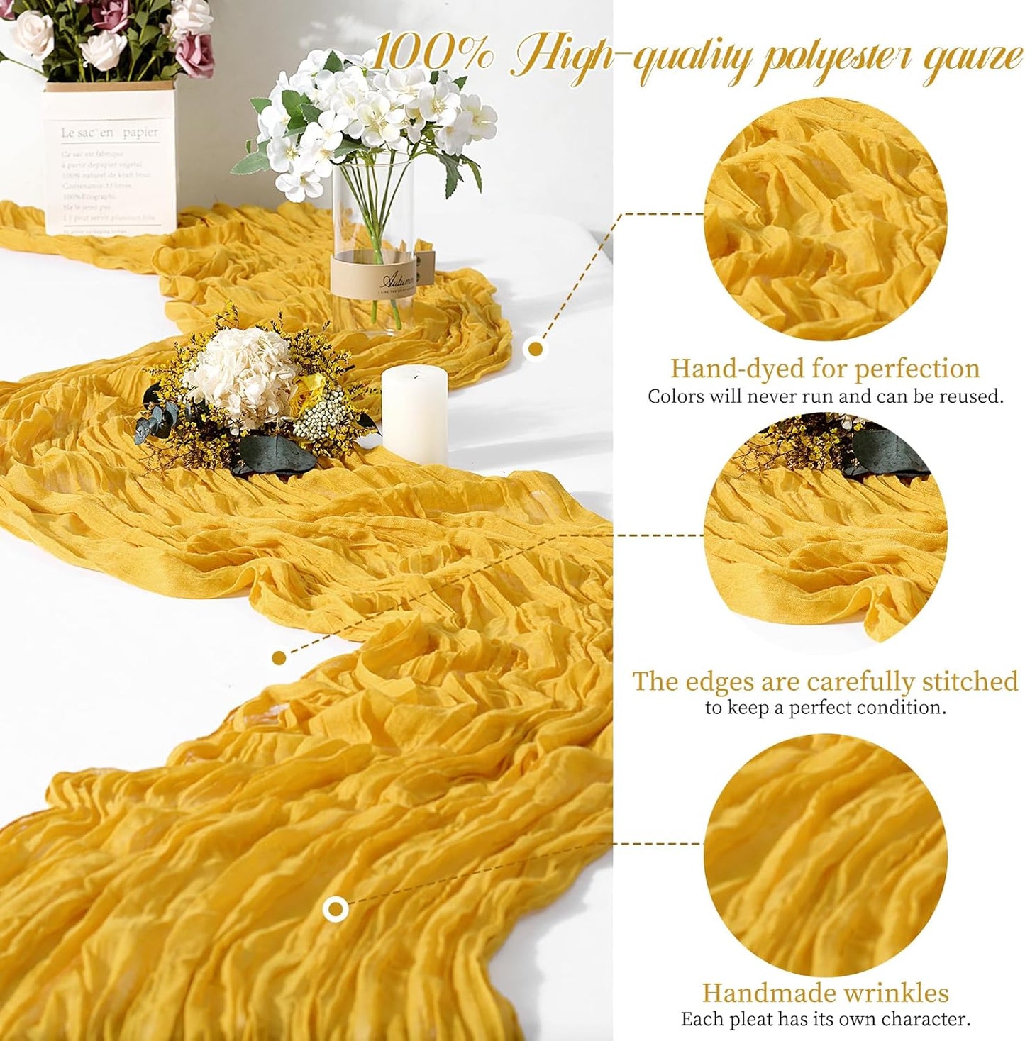 15 Packs Cheesecloth Table Runner Mustard Yellow,10 Ft Rustic Gauze Boho Wedding Table Runner Decoration,Wedding Table Decor Table Cloth for Wedding Party Bridal Shower Table,21.5x120in